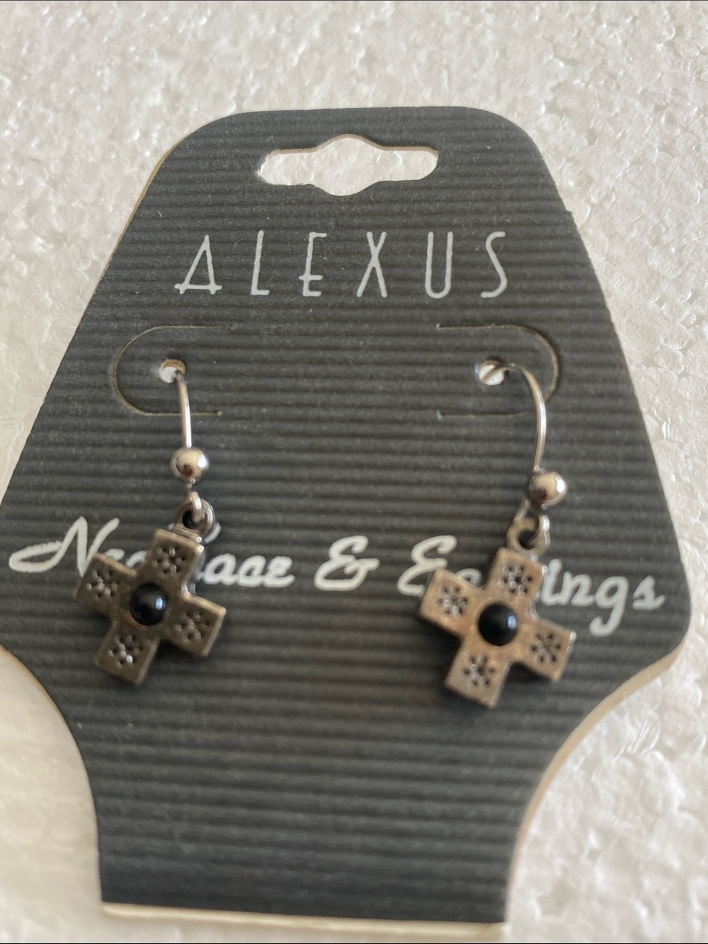 Alexus Cross Dangle Earrings — Antique Silver with Black Accent